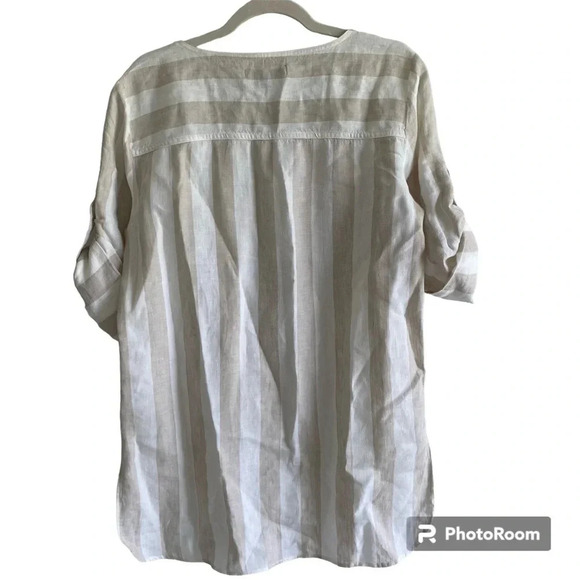 100% LINEN Ellen Tracy Striped Coastal Grandma Neutral Long Tunic Top Size S - Picture 5 of 14